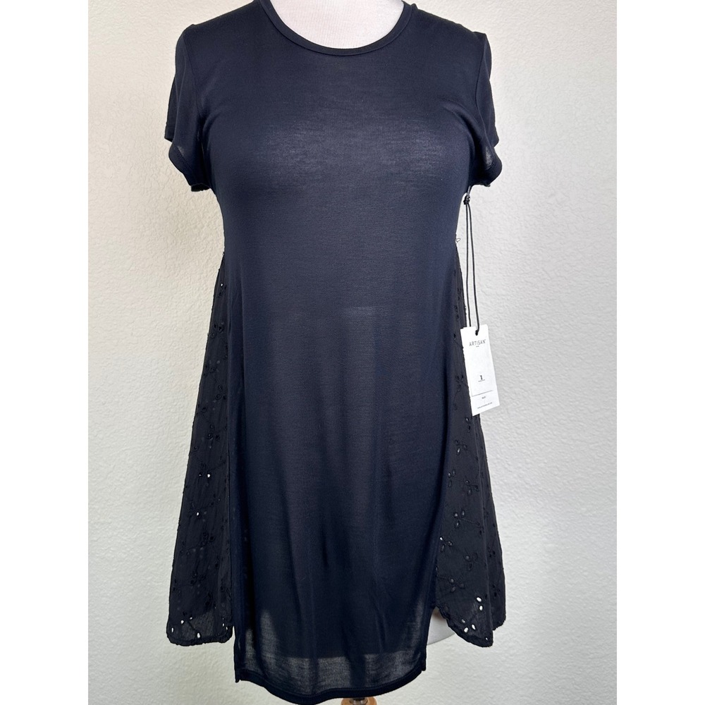 Artisan De Luxe Black Eyelet Mixed Media Tunic‎ Top XS NWT Made USA